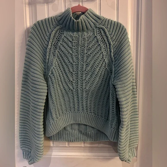 Free People Teal Cable Knit Turtleneck Sweater - Picture 1 of 3